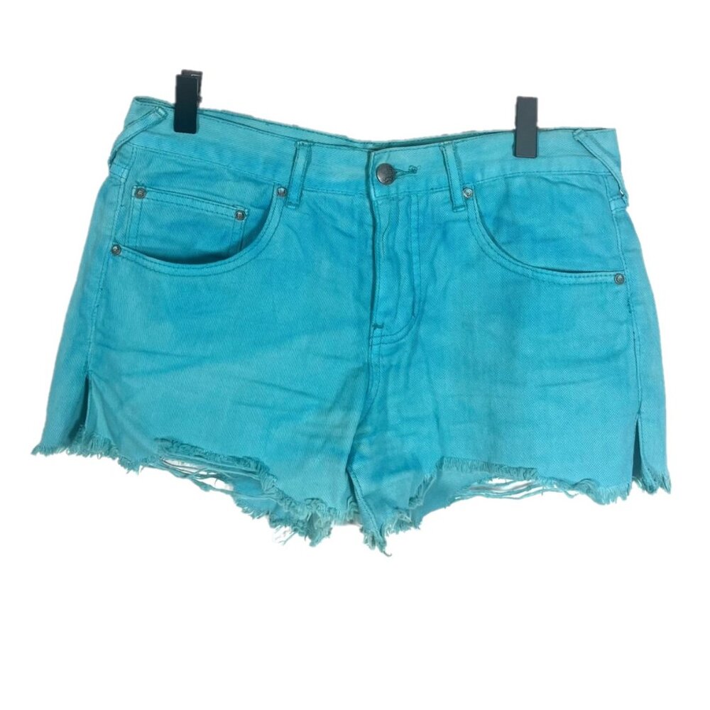Free People Turquoise Distressed Ripped Denim Shorts Size 27
